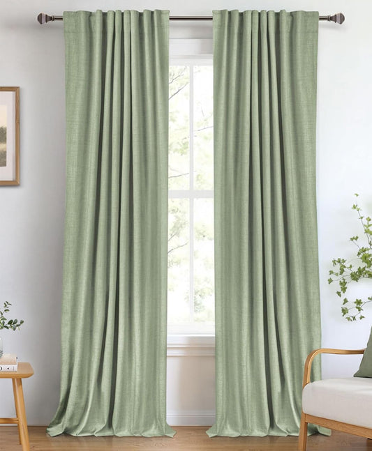 Skiennix 100% Blackout Linen Curtains - Thermal Insulated Drapes for Bedroom | 84" Long, Sage, 2 Panels Set
