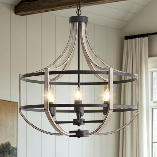 23.6" Farmhouse Chandelier for Dining Room, 6-Light Distressed White Faux Wood Pendant Light Fixtures, Antique Vintage Foyer Chandelier for Entryway Kitchen Island Living Room