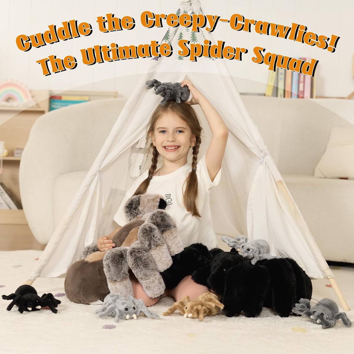 MorisMos 4Pcs Large Spider Plush, 16 Inch Mommy Spider Stuffed Animals with 3 Babies, Soft Cuddly Pillow Plush Gifts for Kids Boys Girls, Brown