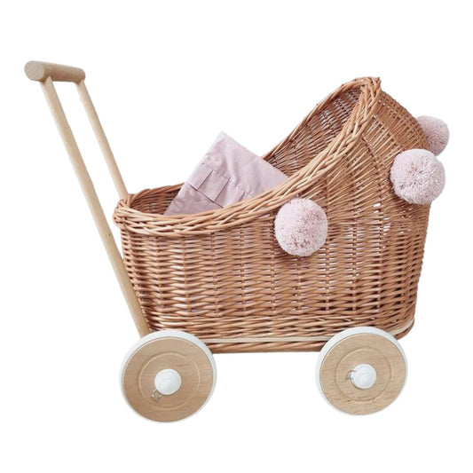 Wiklibox Natural Rattan Doll Stroller - Hand Made in Europe - Fits 17" Dolls & Plush Toys - Wicker Doll Pram & Baby Walker with Bedding Set - Perfect for Imaginative Play