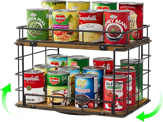 360° Rotating Can Rack Organizer for Pantry, 2-Tier Lazy Susan Can Organizer Holds Up to 26 Soda Cans, Metal Wire & Wood Shelf with Turntable Storage for Kitchen Cabinet, Pantry & Countertop