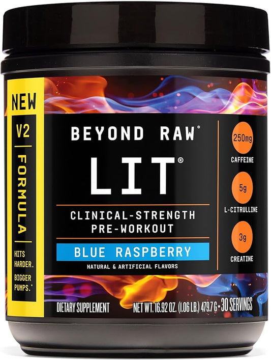 BEYOND RAW LIT V2 Clinical Strength Pre Workout Powder, Hits Harder, Bigger Pumps, Caffeine, L-Citrulline, Creatine, Blue Raspberry, 30 Servings