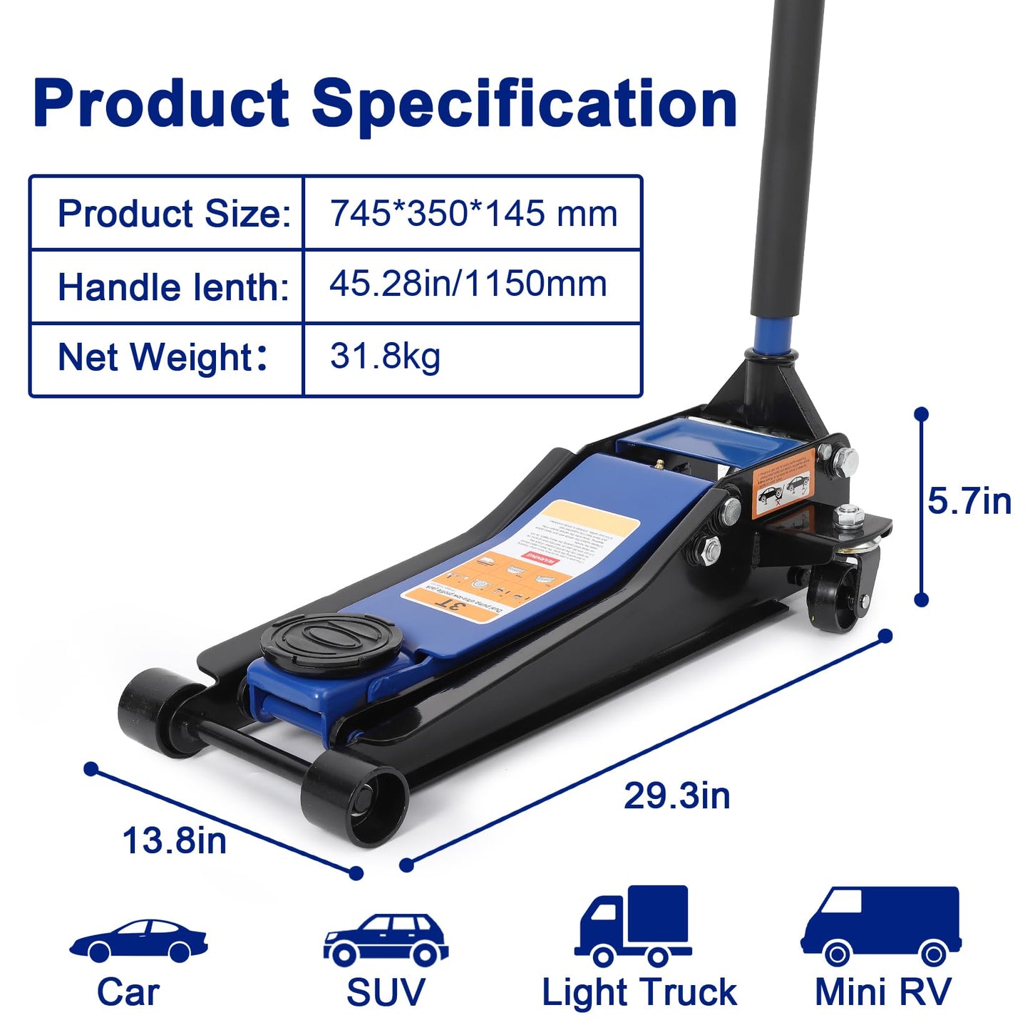 3 Ton Low Profile Hydraulic Jack for Car, 3"-19.5" Lift Range Floor Jack, Heavy Duty 6000 LBS Capacity with Safety Lock & Dual Pump for Car, SUV & Truck Maintenance