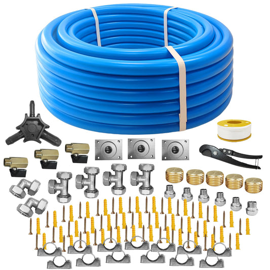 3/4 Inch x 200 FT Shop Air Line Kit, Compressed Air Piping System for Shop, Garage, HDPE Tubing and Aluminum Rapid Air System Includes Right Angle Fittings and Tee Fittings, Air Line Tubing Kit