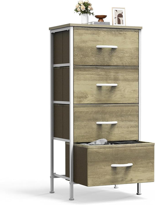 Sweetcrispy 4-Drawer Fabric Dresser Storage Tower Nightstand Chest | Small bedroom dresser and nightstand with sturdy frame,Perfect for closet,entryway,dorm,Easy assembly,Oak Greige