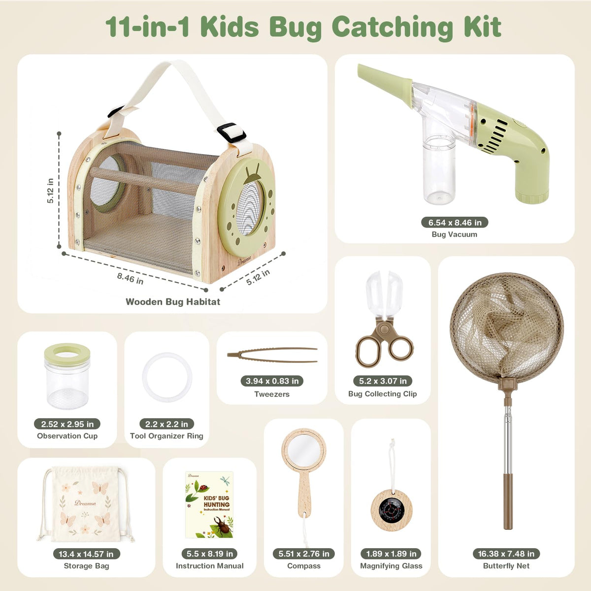 Dreamon Kids Bug Catching Kit, 11PCS Outdoor Toys for Kids Ages 4-8 | STEM Educational Toys Kids Explorer Kit with Wooden Bug Habitat, Bug Vacuum, Butterfly Net and Magnifying Glass