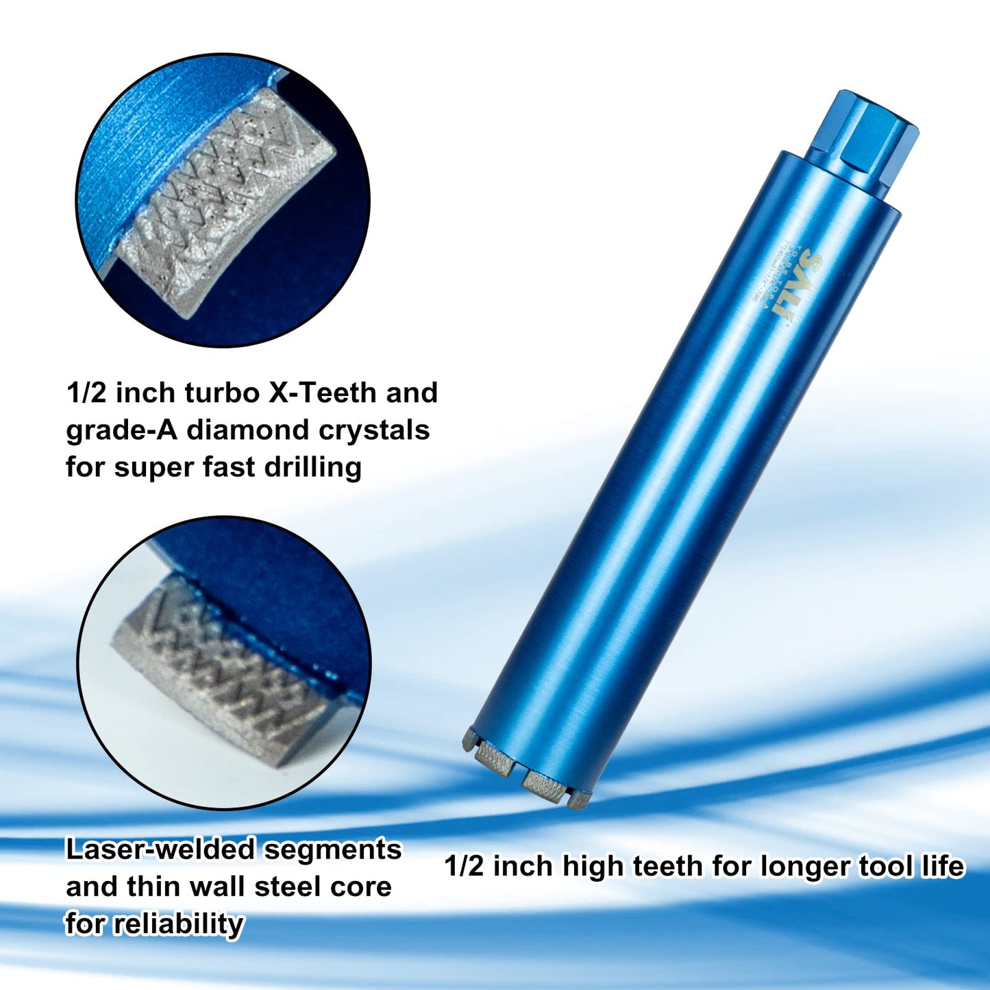SALI Wet Diamond Core Drill Bits 10"/256mm Diameter, 15"/380mm Drilling Depth Concrete Core Drill Bit, 1-1/4-7" Thread Core Bit Turbo Laser-Welded Segments with Rebar, Brick, Block, Masonry, Stone