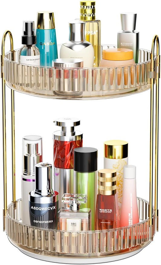 GTI 360°Rotating Makeup Organizer, 2 Tier Bathroom Counter Organizer,Large Capacity Perfume Cosmetics Skincare Vanity Organizers, Dresser Spinning Countertop Organizer and Storage for Women (Gold)