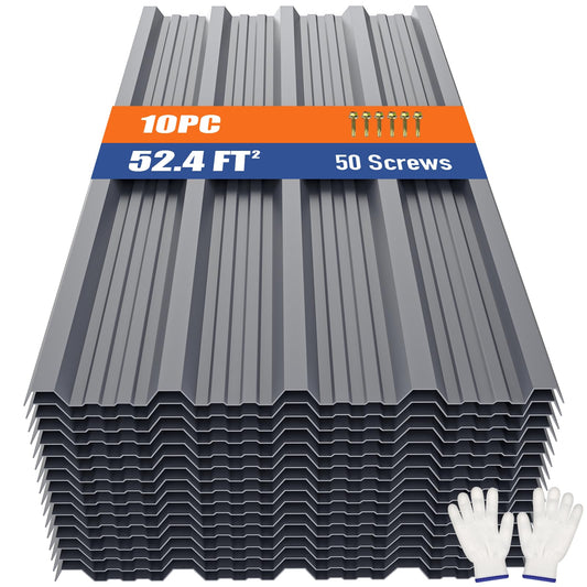 Brakki Metal Roofing Panels 10pcs 52.4 ft², Grey Corrugated Galvanized Steel Roof Panels with Screw, Heavy Duty Metal Siding Suitable for Garages Chicken Coop Sheds Stables Patio