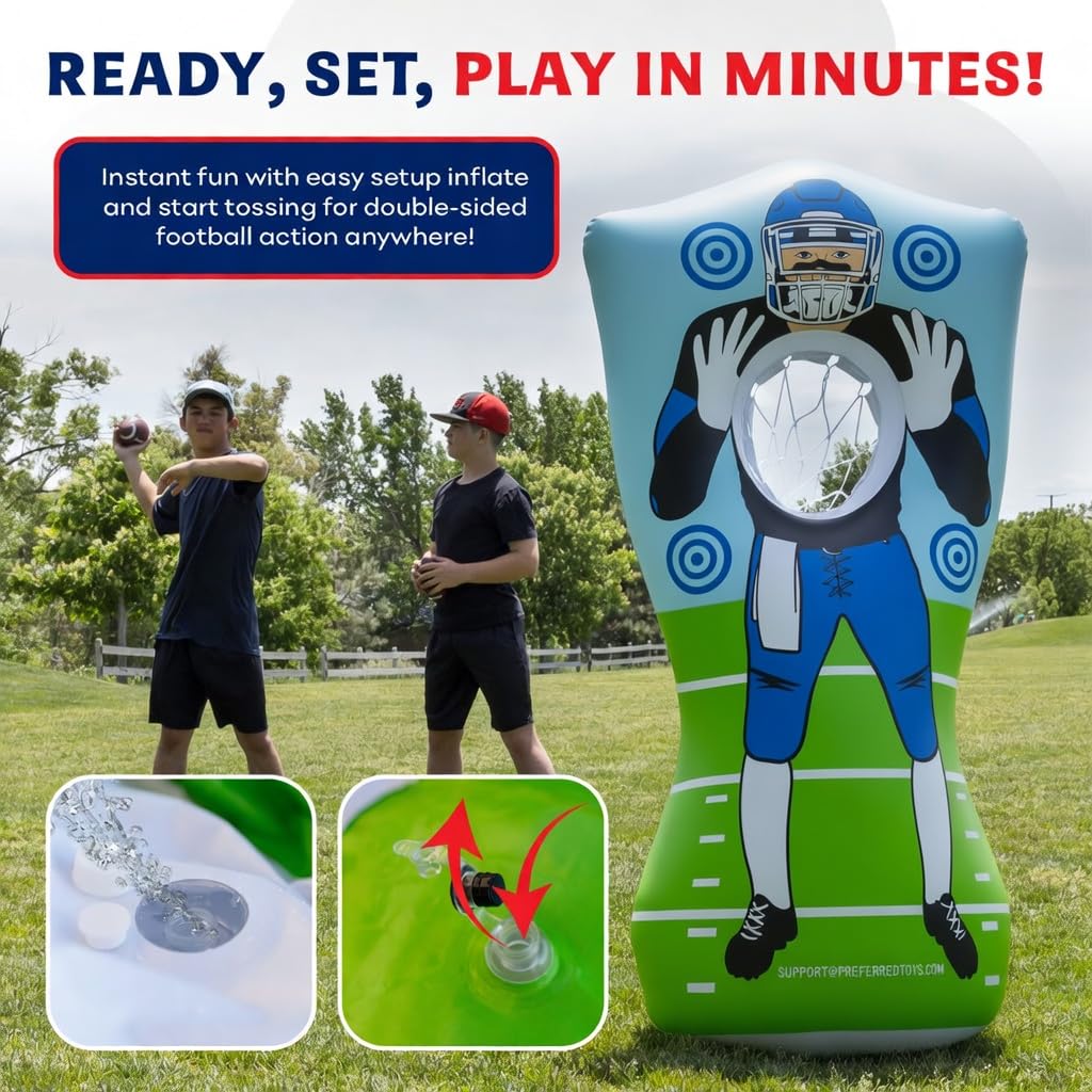 Preferred Toys 65” Inflatable Football Target Net Toss Game - Double-Sided Throwing Practice Football Stuff with Mini Balls - Backyard Tailgate Party Sports Toy for Kids & Adults - Red/Blue