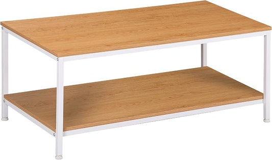 SUPER DEAL 2-Tier Coffee Table with Storage Shelf for Small Apartment Living Room, Rectangle Wood and Stable Metal TV Stand Side End Table, Natural Wood