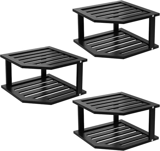 VERTORGAN Bamboo Corner Shelf(3 Pack),2 Tier Plate Organizer for Cabinet and Countertop,Pantry Dish and Spice Rack for Kitchen(Black)