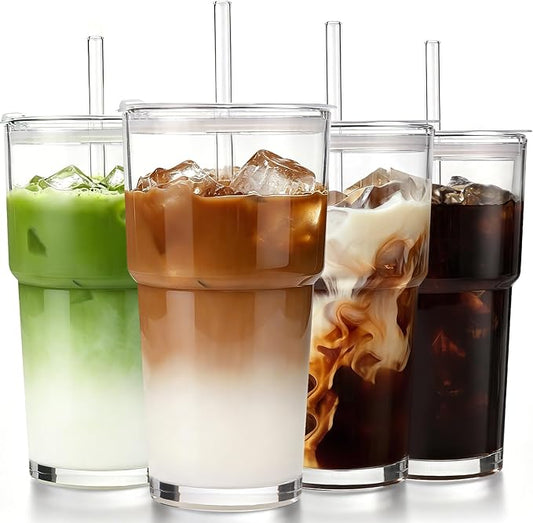Iced Coffee Cups with Lids: Coffee Bar Accessories - Tumbler Leak Proof for To Go Iced Coffee Cups with Lids 4 Pack - 20 oz Glass Cups with Lids and Straws - Thickened Glass Tumbler with Straw and Lid