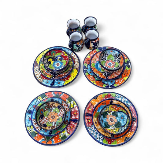 16-Piece Talavera Dinnerware Set | Hand-Painted Mexican Pottery with 4 Large 11.5” Plates, 4 Small 8” Plates, 4 Bowls, and 4 Mugs | Unique, Artisan-Made Ceramic Dish Set