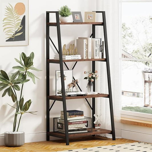 BON AUGURE Industrial Ladder Shelf Bookcase, 4 Tier Rustic Ladder Bookshelf, Standing Leaning Book Shelves for Living Room (Rustic Oak)