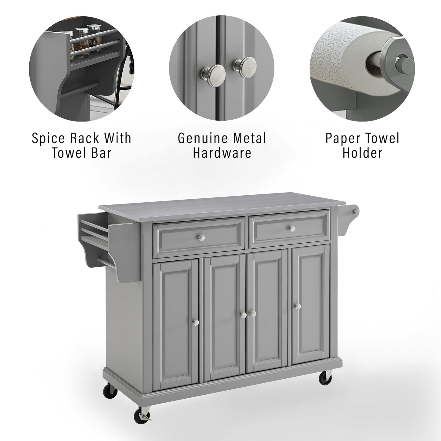 Crosley Furniture Full Size Stainless Steel Rolling Kitchen Island Storage Cart, Microwave Stand, Spice Rack, Gray