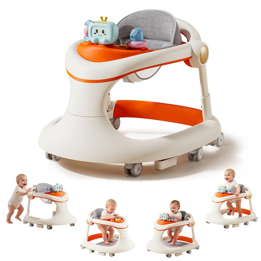 Baby Walker with Wheels, 5-in-1 Foldable Baby Walker for Boys and Girls 7-18 Months with Adjustable Height Detachable Seat and Music Tray Baby Activity Walker, Anti-Fall Activity Center for Boys Girls