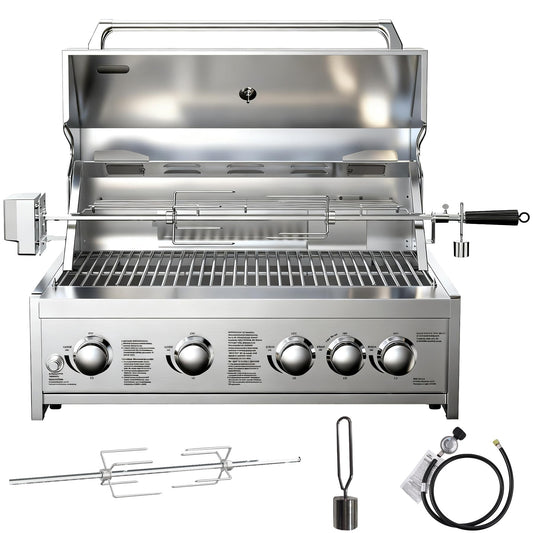 BODEGA 30 Inch Propane Gas Grill, 4x12000-BTU Gas Grill & 1x10000-Infrared Back Burner, Stainless Steel 5-Burner Propane Grill for Outdoor Kitchen, Rotisserie Chicken Fork Kit | Backyard BBQ, Camping.