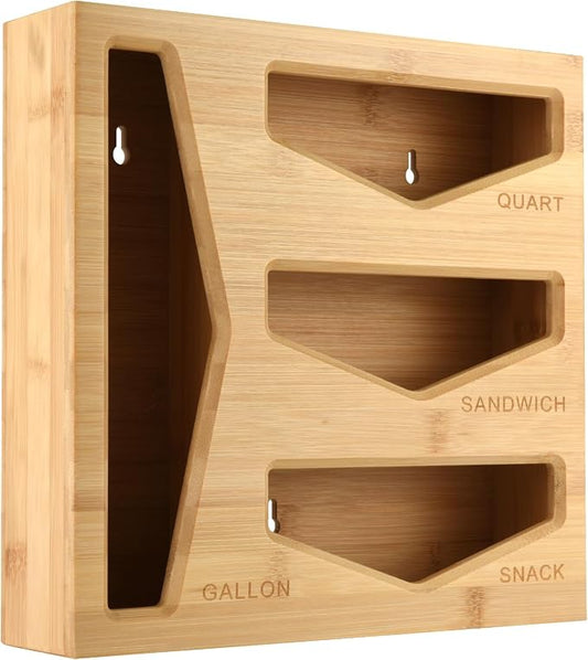 Bamboo Bag Storage Organizer for Kitchen Drawer, Baggie organizer, Compatible with Gallon, Quart, Sandwich and Snack Variety Size Bags (Natural Bamboo)