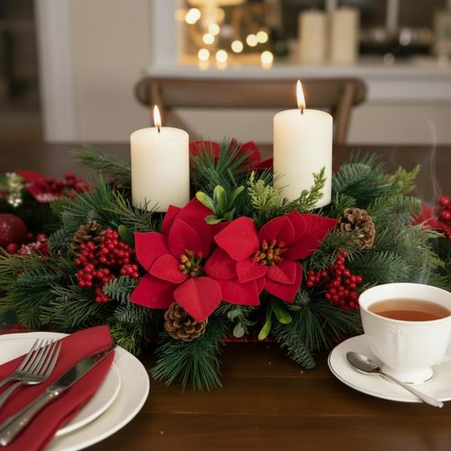 Kathfly 20" Christmas Poinsettia Centerpiece - Elegant Dining Table Decoration with Candle Holders & Red Flowers