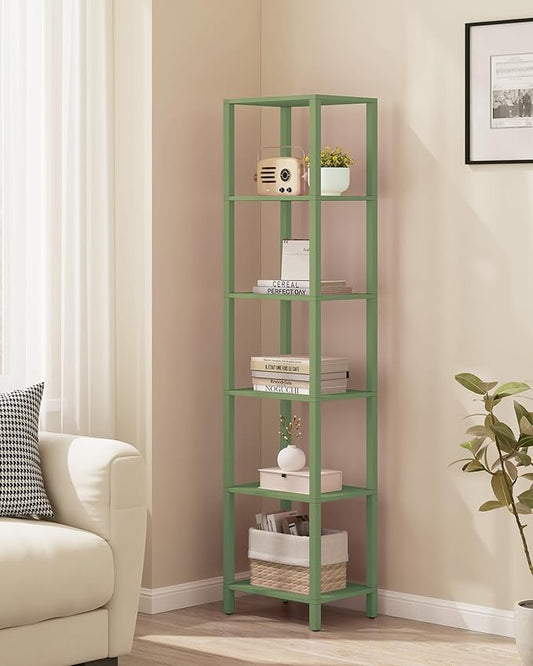 TUTOTAK Bookshelf, 6-Tier Tall Book Shelf, Narrow Bookcase for Small Space, DIY Stackable Bookshelf, for Living Room, Office, Study, Entryway, Industrial, Olive Green BS01BOG006