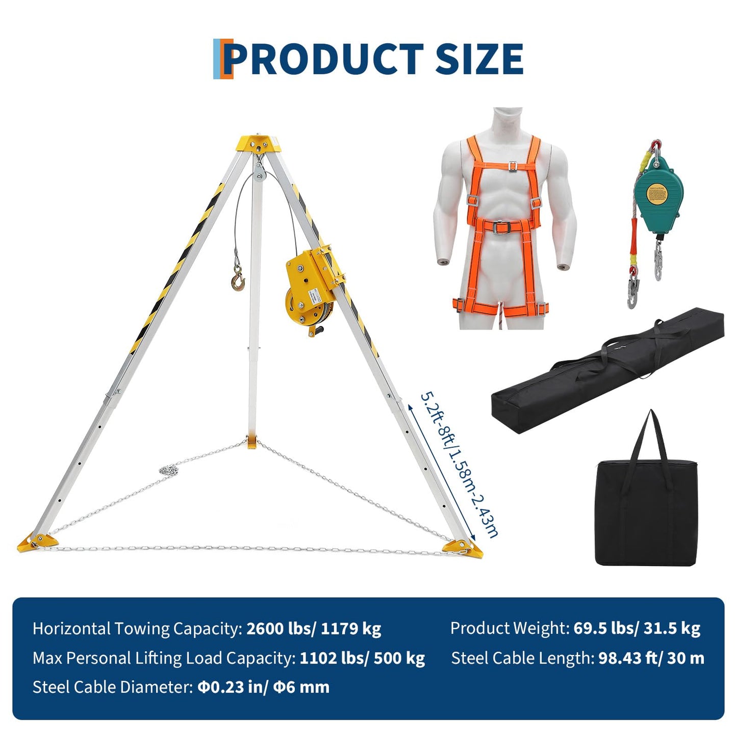 Rescue Tripod Kit,Confined Space Tripod Rescue System,1200 Lb Winch Tripod Kit with Self-Locking Safety,Adjustable Legs & 49 ft Cable,for Well, Sewer,Manhole,Tank (Fall Protection & Rescue Equipmet)
