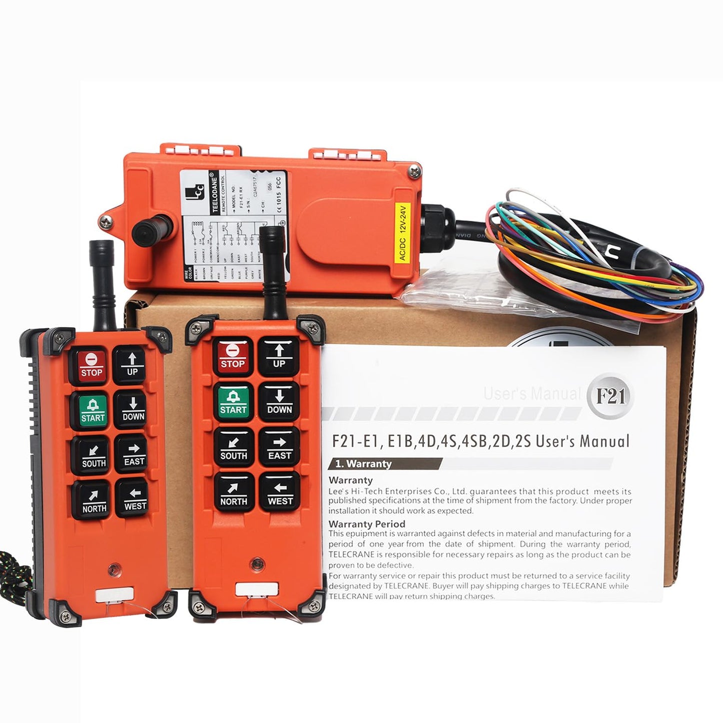 Industrial Wireless Crane Remote Control kit F21-E1B 8 Button 12v 24v Electric Lift Hoist Overhead Tower Bridge Radio Switch Receiver (2 Transmitters + DC 12V Receiver)