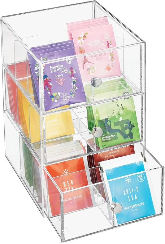 mDesign Plastic Wide Kitchen Pantry, Cabinet, Countertop Organizer Storage Station with 3 Drawers for Coffee, Tea, Sugar Packets, Sweeteners, Creamers, Drink Pods, Packets; 18 Sections - Clear
