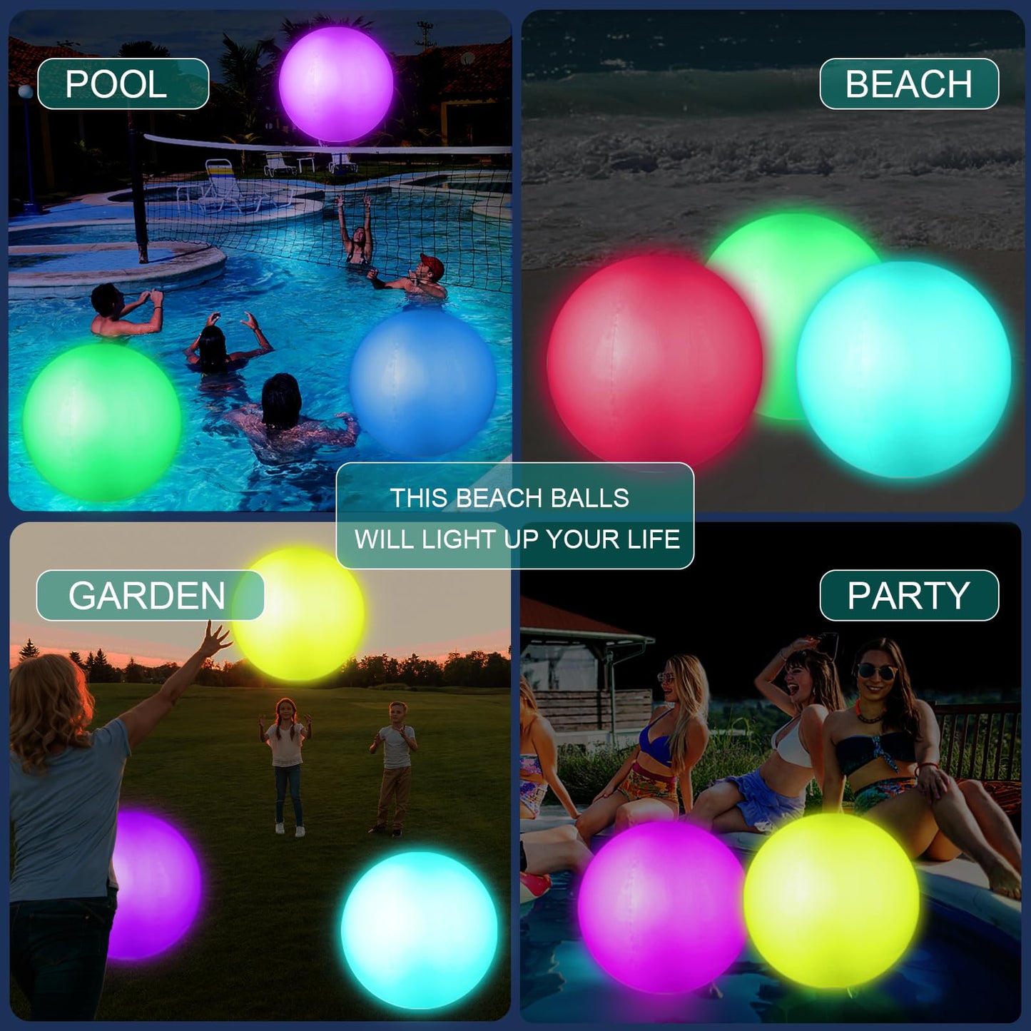 Icnice Pool Toys, LED Beach Ball, Glow in Dark Party Supplies, 4 Pack Inflatable Light up Ballon 12'' Floating Pool Light with Remote 16 Color 4 Mode (4 Pack)