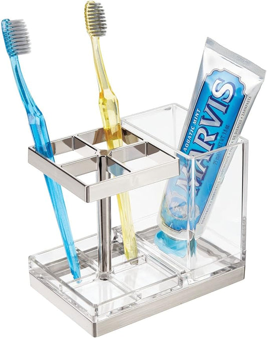 mDesign Plastic Toothbrush and Toothpaste Storage Organizer Holder - Home Decor for Bathroom Countertop - Holds Toiletries and Beauty Accessories - Lumiere Collection - Clear/Brushed