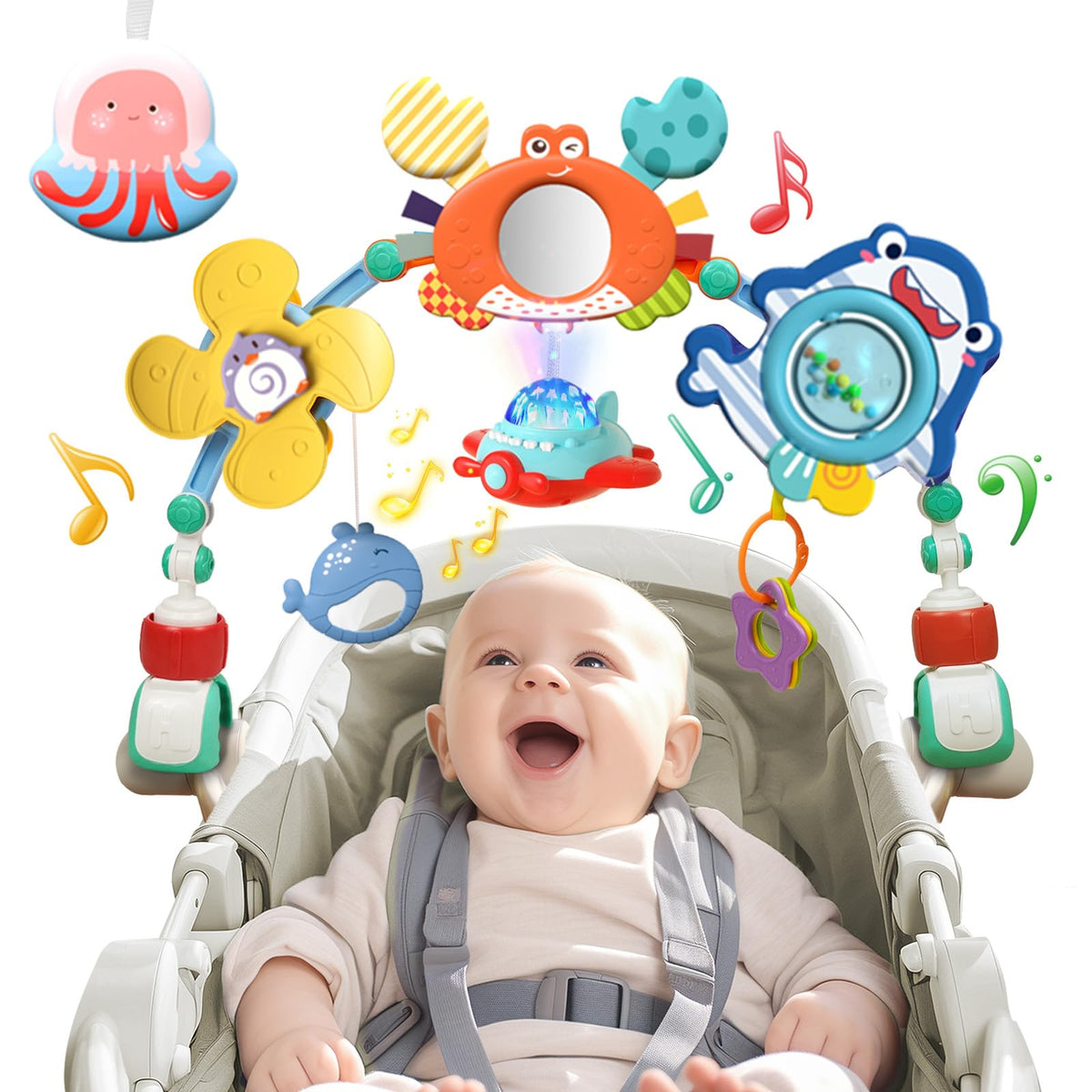qesfir Musical Baby Stroller Arch, Travel Car Seat Toys, Baby Play Arch Crib Accessory, Mobile for Bassinet, Pram Activity Arch Bar for Babies Infants