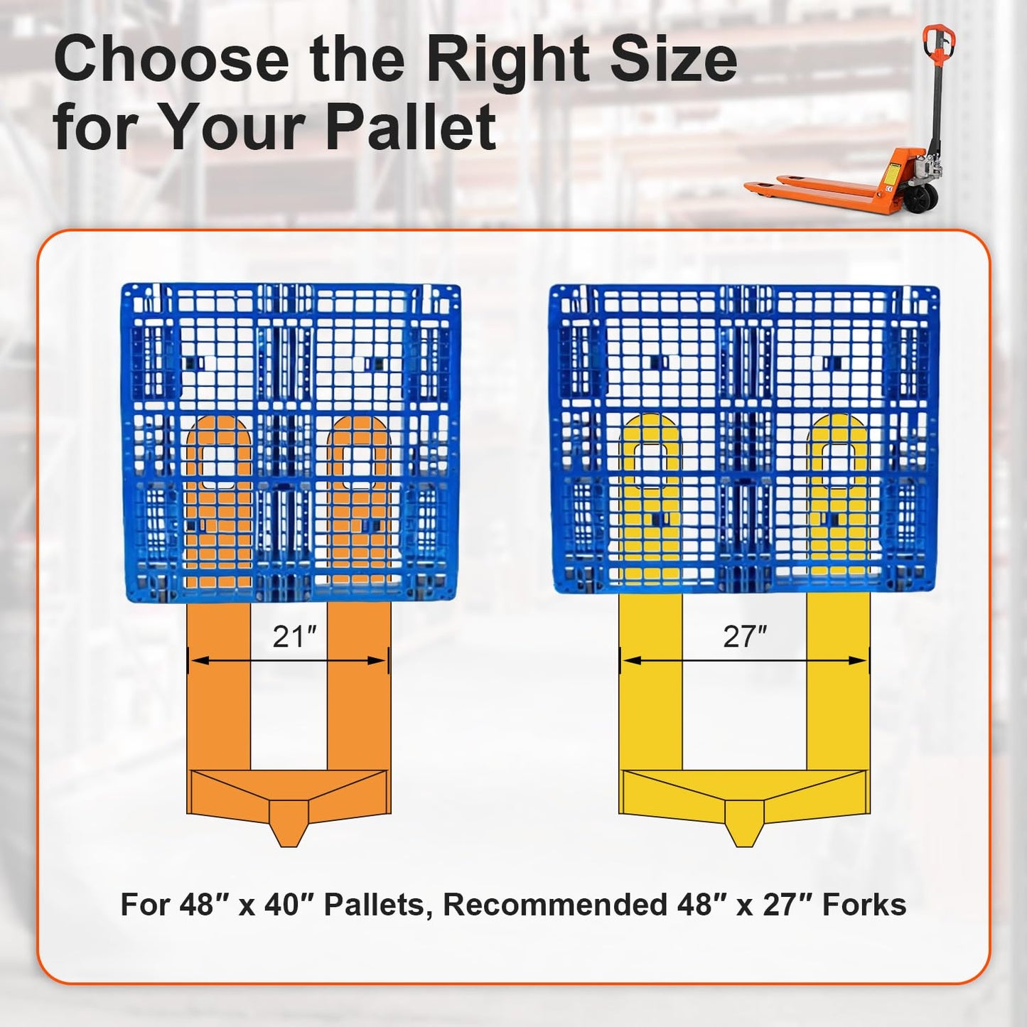 Tory Carrier Pallet Jack Hand Truck Manual Pallet Jacks 5500-Lb. Capacity 21W x 48L Forks Standard Duty, Rubber Handle, Nylon Wheels