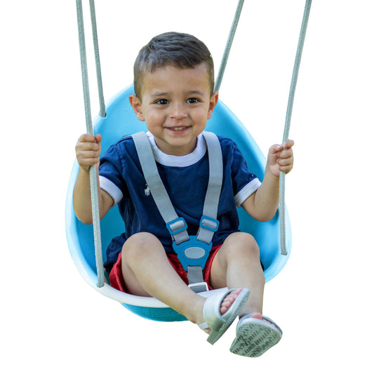 Swurfer Coconut - Your Child's First Swing with Blister Free Rope and 3-Point Safety Harness - Indoor and Outdoor - Swing for Babies and Toddlers - Ages 9 + Months - Up to 50 lbs, Blue