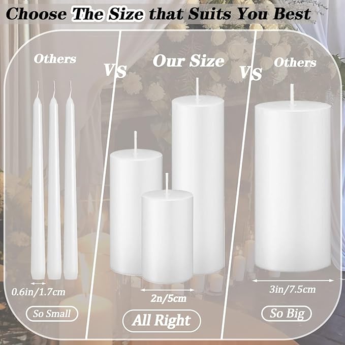 3 Pcs White Pillar Candles Bulk Set，Hurricane Candlesï¼? Different Lengths 2 x 3/4/6 Inch，Dripless Unscented Smokeless，Gives You a Better Atmosphere When Organizing an Event Party.