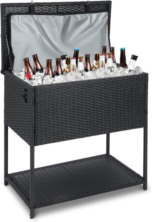 Skiennix 80 Quart Ice Chest Cooler Cart - Outdoor Beverage Stand with Bottle Opener for Parties & Patios