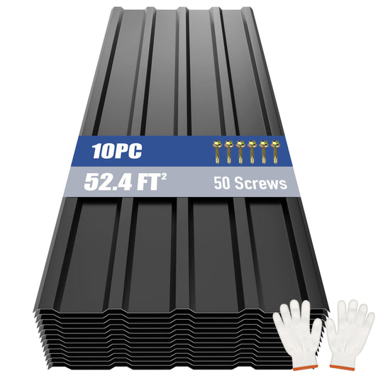 Brakki Metal Roofing Panels 10pcs 52.4 ft², L42.52"xW17.72" Black Corrugated Galvanized Steel Roof Panels with Screw, Heavy Duty Metal Siding Suitable for Garages Chicken Coop Sheds Stables Patio