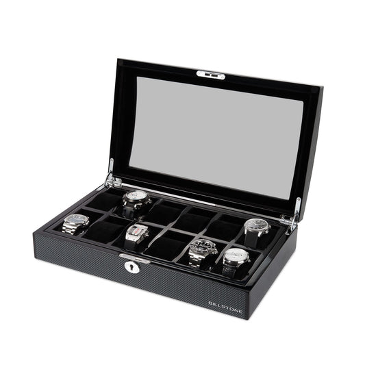 BILLSTONE Romanoff 12 Watch Box – 12 Slot Watch Organizer, Carbon Fiber Finish with Black Velvet Interior