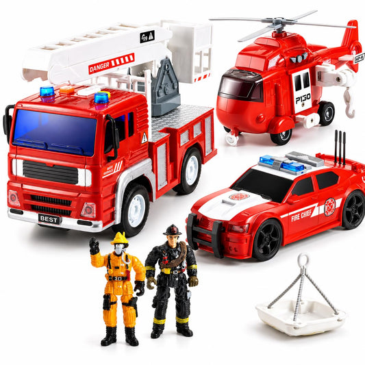 Friction Powered Fire Rescue Toy Set – 1:20 Scale Fire Truck, Helicopter & 2 Firefighter Action Figures with Lights & Sounds – Educational Emergency Vehicle Playset for Kids Ages 3+