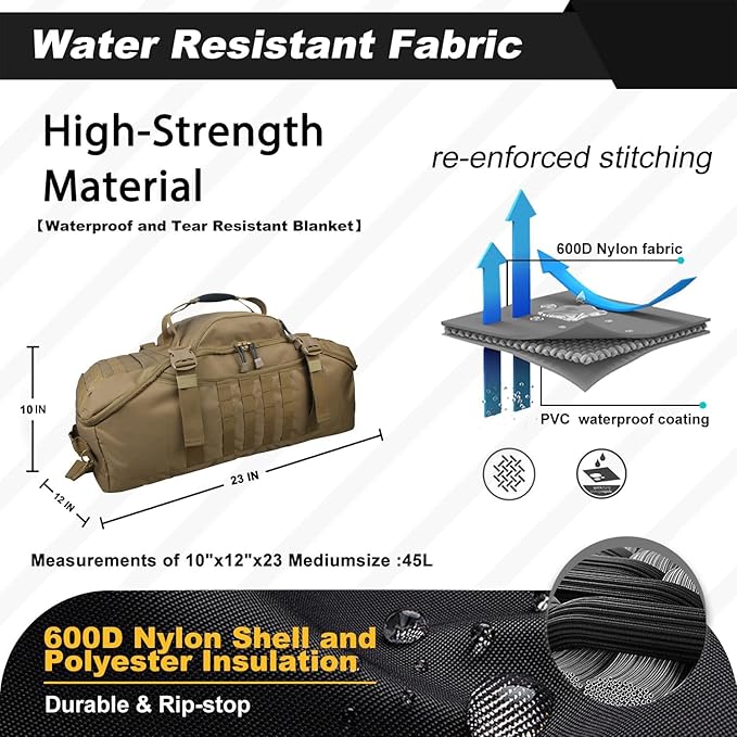3 In 1 Tactical 45L Military Backpack Travel Duffle Bag for Weekender Gym Workout Deployment