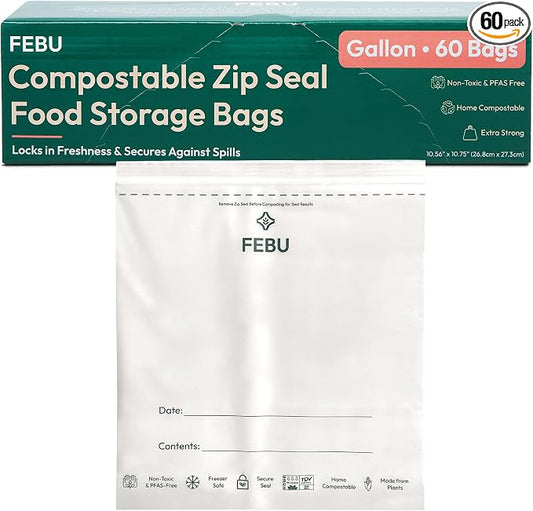 FEBU Gallon Compostable Food Storage Bags, 60 Count | Certified Home Compostable & Biodegradable | PFAS & BPA Free Zipper Bags | Leak-Proof & Resealable | 10.56” x 10.75”