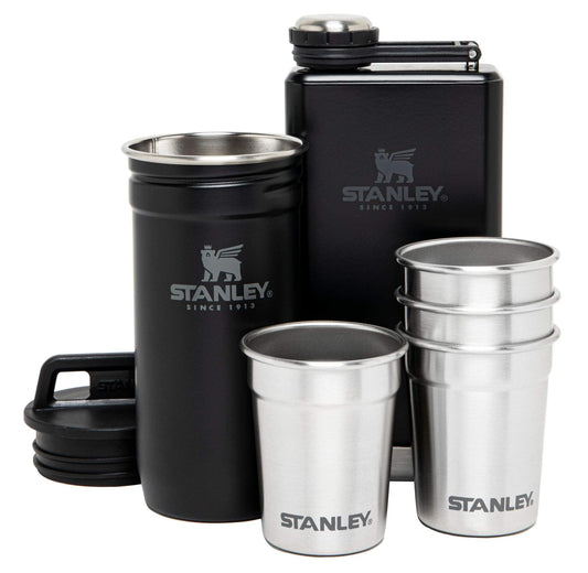 Stanley Adventure Pre-Party Flask and Nesting Shot Glass Set | 8 oz Leakproof Hip Flask | 4 Shot Glasses in Travel Carrying Case | Insulated Stainless Steel Liquor Flask | BPA-Free | Matte Black