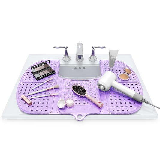 Sink Topper Bathroom Counter Cover & Storage Saver, Foldable Silicone Mat for Hot Tools, Hair Styling & Makeup, Beauty Brush Cleaning Mat, RV Camper Sink Cover & for Small Spaces (Large - Lavender)