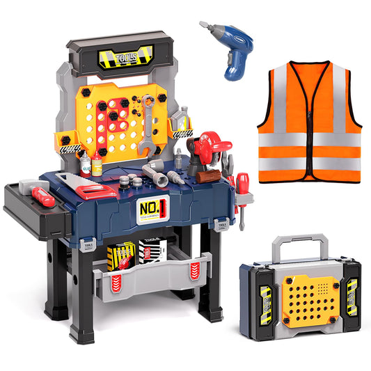 Deejoy Kids Tool Bench with Electric Drill and Engineer Vest, 3-in-1 Toddler Workbench and Costume Set, Construction Toys for Boys 3-5, Engineering Role Play Kit for Toddlers Age 3 4 5 6