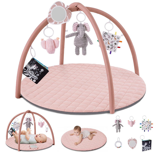 Blissful Diary Baby Play Gym Mat, Tummy Time Activity Mat with 6 Detachable Toys for Skill Development, Baby Essentials Gift, Soft Pink