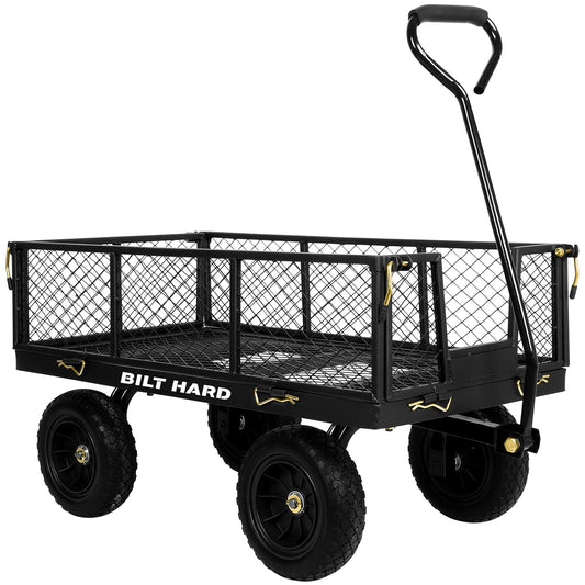 BILT HARD 880 lbs 10" Tires Steel Garden Cart with 180° Rotating Handle and Removable Sides, Heavy Duty 4 Cu.Ft Capacity Utility Garden Carts and Wagons, Black