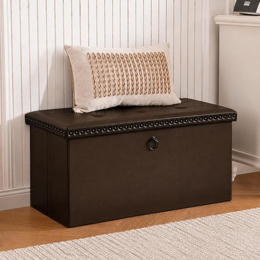 oakvivo 30 Inches Folding Storage Ottoman Bench, Ottoman PU Leather Tuffed End of Bed Bench, Foot Rest with Rivet Design, Ottoman with Storage for Living Room, Bedroom, Entryway, Coffee Brown