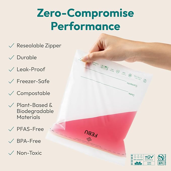 FEBU Snack Compostable Food Storage Bags, 180 Count | Certified Home Compostable & Biodegradable | PFAS & BPA Free Zipper Bags | Leak-Proof & Resealable | 6.5"x 3.25"