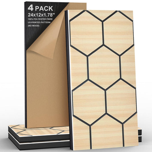 4Pack Acoustic Wall Panel Self-Adhesive Soundproof Foam Panels for Wall, 3D Perforated Tri-Layer Polyester Fiber Decorative Acoustic Insulation for Recording Studio, Office, Home, 24×12×1.78", Hexagon