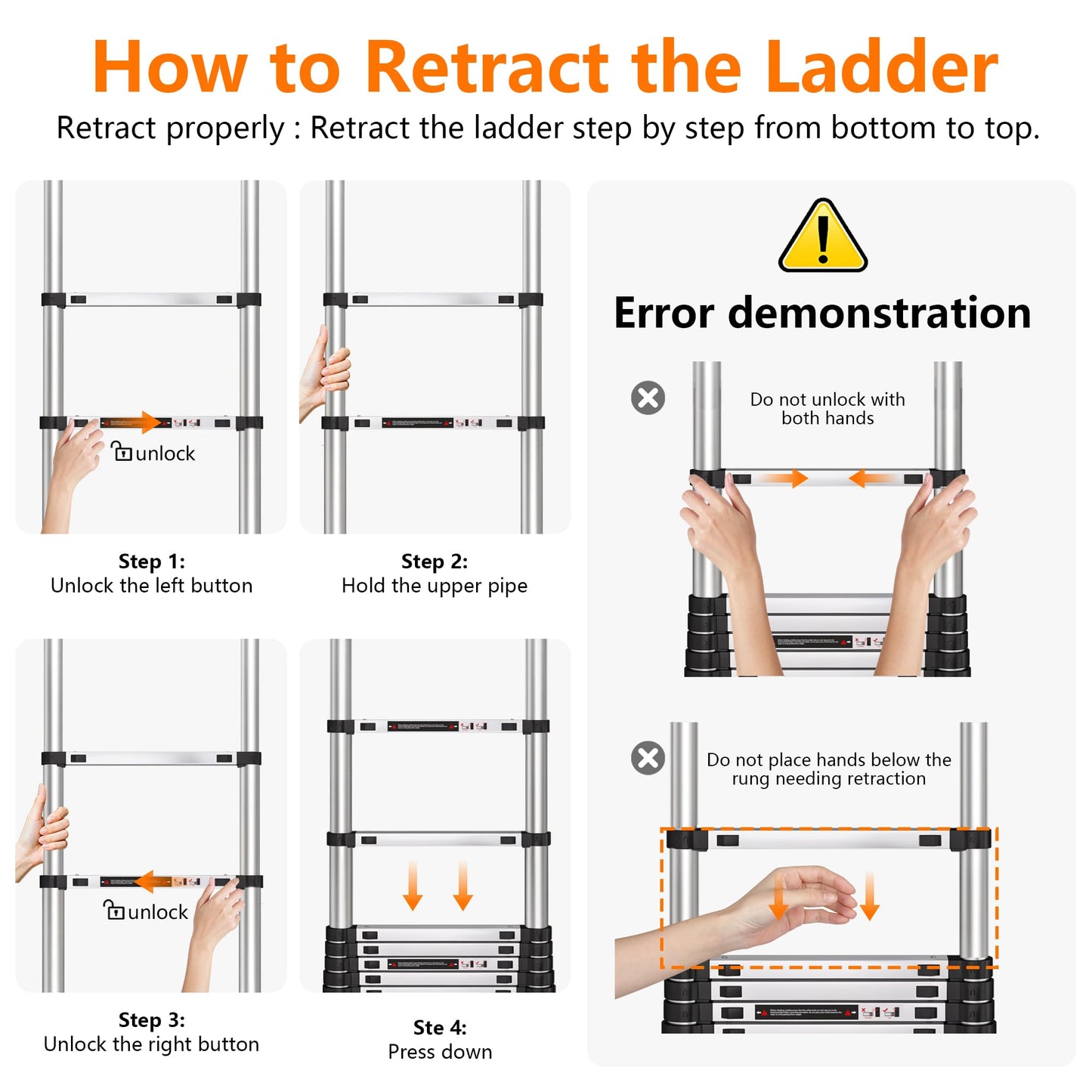 Telescoping Ladder 16.5 FT Stainless Steel Extension Ladder with 2 Detachable Hooks, Portable Multi-Purpose Collapsible Telescope Ladder for Home,RV,Outdoor Work, 330lbs Max Capacity