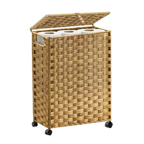 Hiagnete Toilet Paper Storage Basket with Lid and Wheels, Rattan Toilet Paper Holder Storage, Toilet Paper Organizer for Bathroom, Bedroom, Kitchen, 12.6”L x 7.1”W x 17.14”H, Naturall